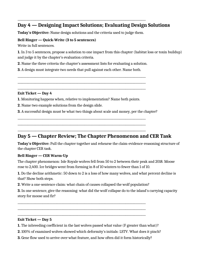 Ecological Fundamentals Bell Ringers & Exit Tickets sample page