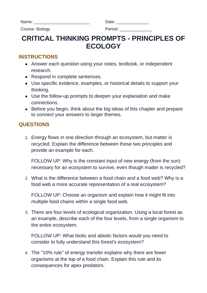 Ecological Fundamentals Critical Thinking Prompts sample page