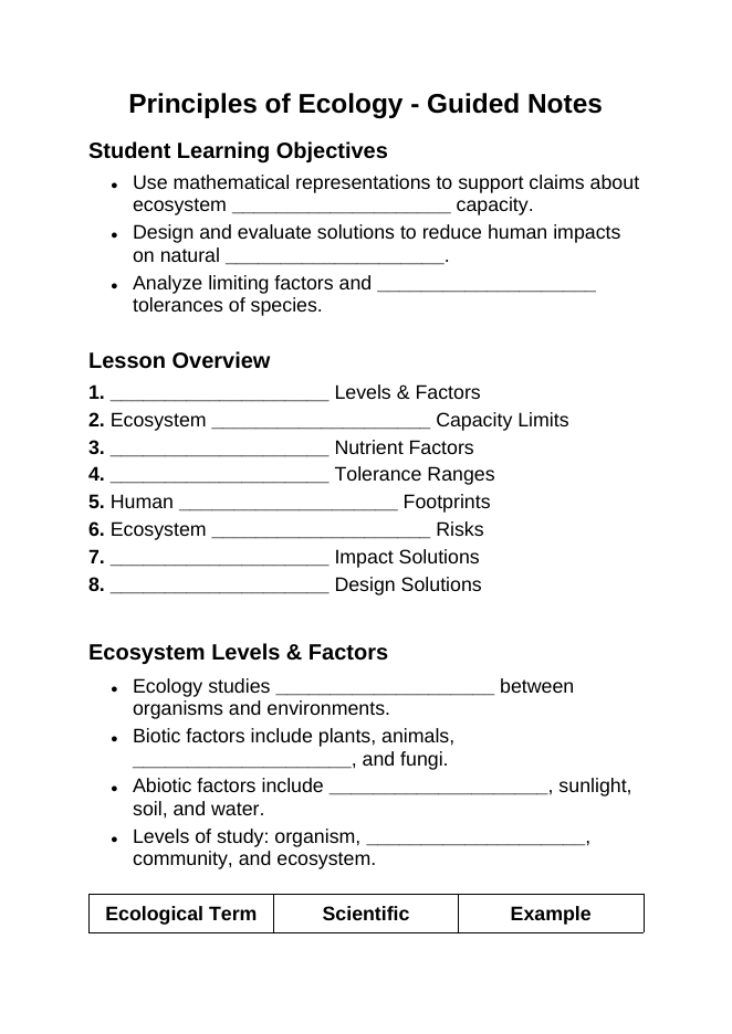 Ecological Fundamentals Guided Notes sample page
