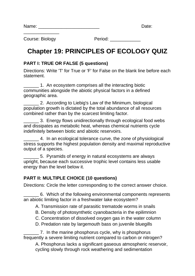 Ecological Fundamentals Lesson Quiz sample page