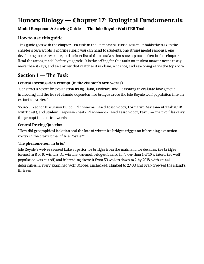 Ecological Fundamentals Model Response & Scoring Guide sample page