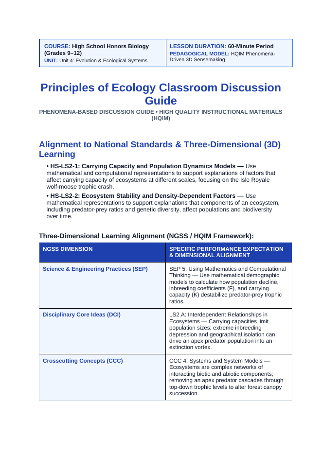 Ecological Fundamentals Phenomena-Based Lesson: The Meltdown on Isle Royale: Inbreeding, Bones, and Trophic Collapse Teacher Discussion Guide sample page