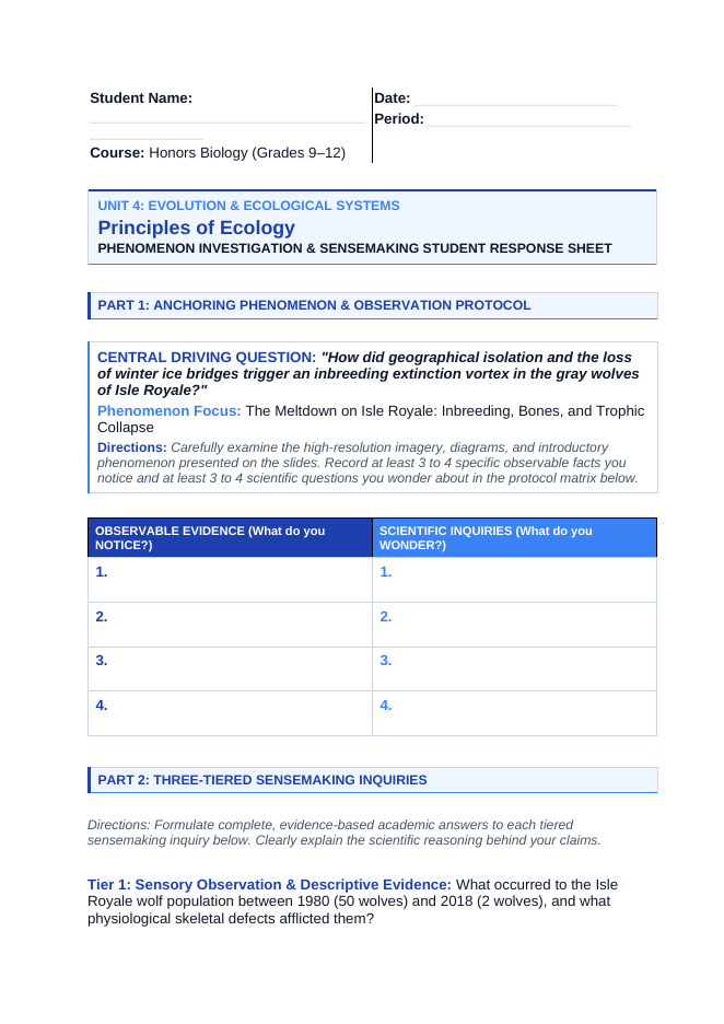 Ecological Fundamentals Phenomena-Based Lesson: The Meltdown on Isle Royale: Inbreeding, Bones, and Trophic Collapse Student Response Sheet sample page