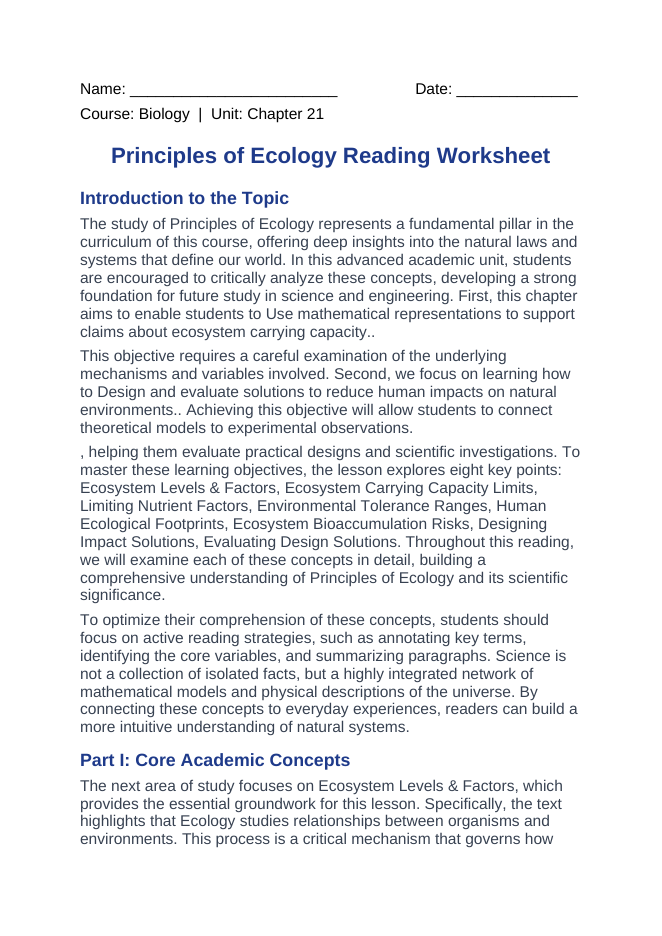 Ecological Fundamentals Reading Worksheet sample page