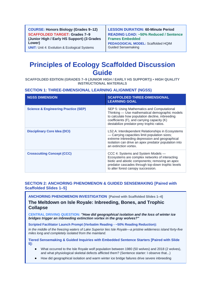 Ecological Fundamentals Scaffolded Phenomena-Based Lesson: The Meltdown on Isle Royale: Inbreeding, Bones, and Trophic Collapse Teacher Discussion Guide sample page