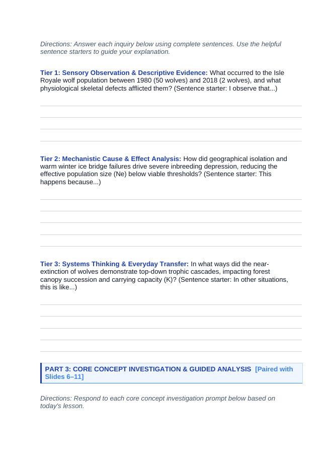 Ecological Fundamentals Scaffolded Phenomena-Based Lesson: The Meltdown on Isle Royale: Inbreeding, Bones, and Trophic Collapse Student Response Sheet sample page