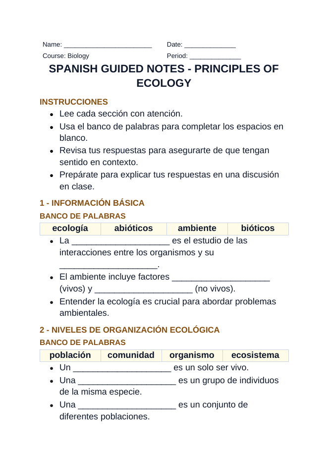 Ecological Fundamentals Spanish Guided Notes sample page