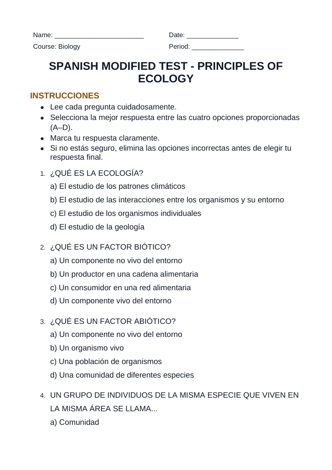 Ecological Fundamentals Spanish Unit Test sample page