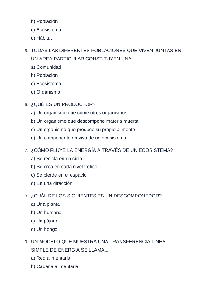 Ecological Fundamentals Spanish Unit Test sample page