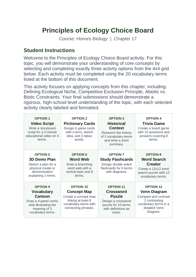 Ecological Fundamentals Vocabulary Choice Board sample page