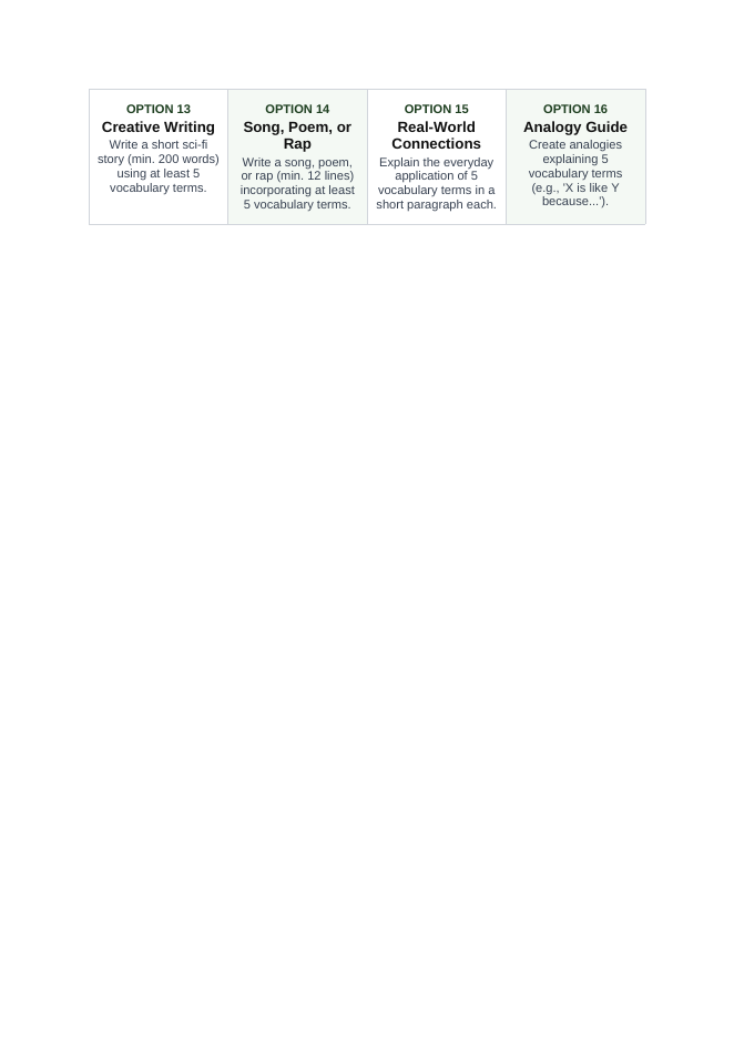 Ecological Fundamentals Vocabulary Choice Board sample page