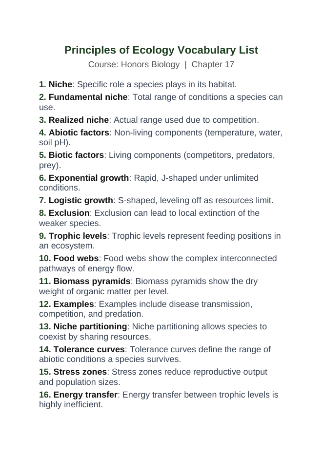 Ecological Fundamentals Vocabulary Words & Definitions sample page