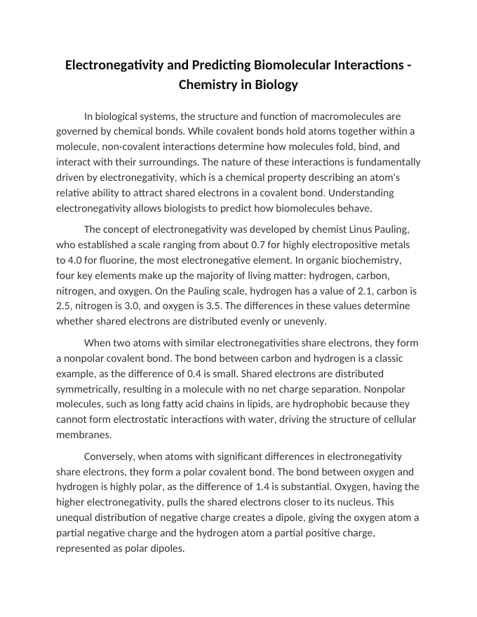 Electronegativity and Predicting Biomolecular Interactions Reading Worksheet sample page