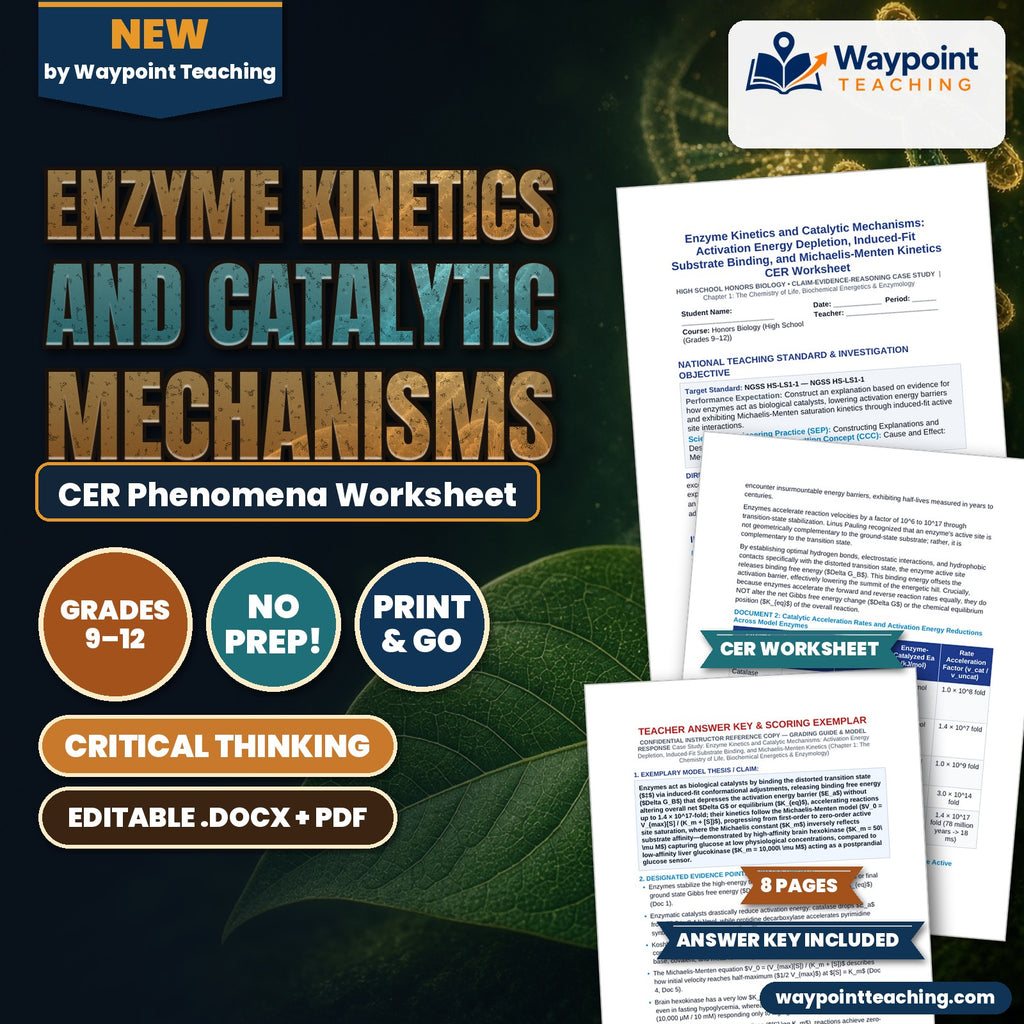Enzyme Kinetics and Catalytic Mechanisms: Activation Energy Depletion, Induced-Fit Substrate Binding, and Michaelis-Menten Kinetics CER Phenomena Worksheet cover