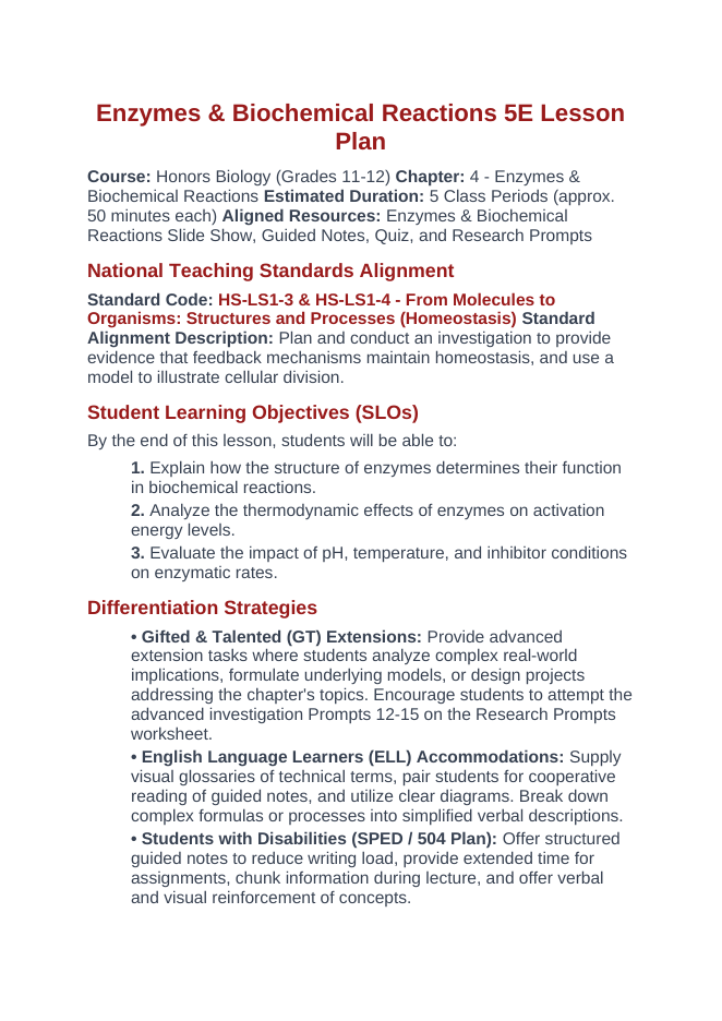 Enzymes & Biochemical Reactions 5E Lesson Plan sample page