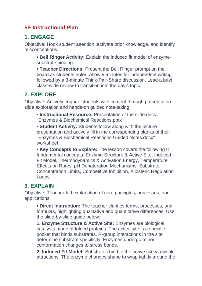 Enzymes & Biochemical Reactions 5E Lesson Plan sample page