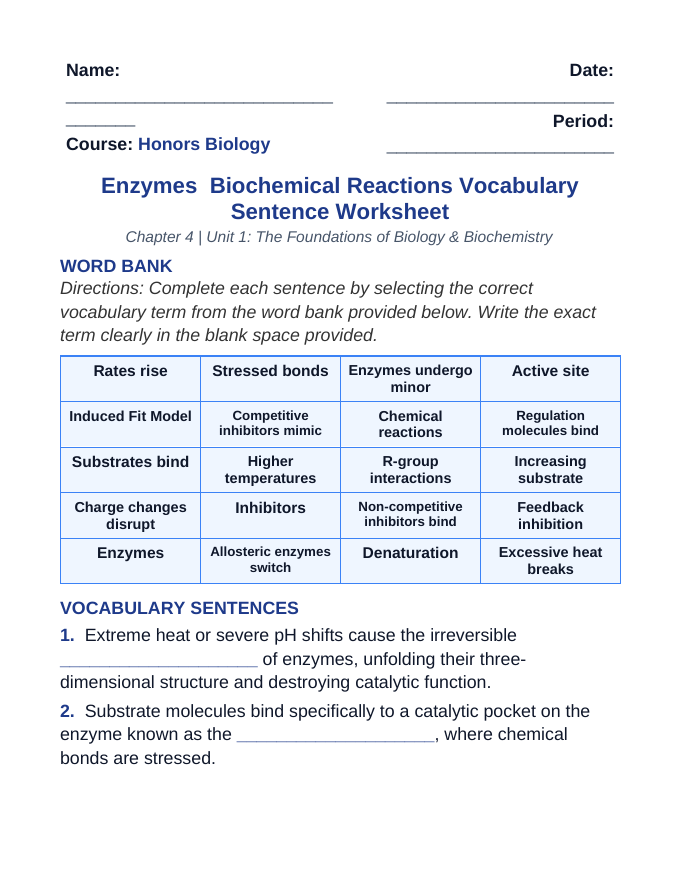 Enzymes & Biochemical Reactions Fill-in-the-Blank Vocabulary Worksheet sample page