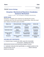 Enzymes & Biochemical Reactions Fill-in-the-Blank Vocabulary Worksheet sample page