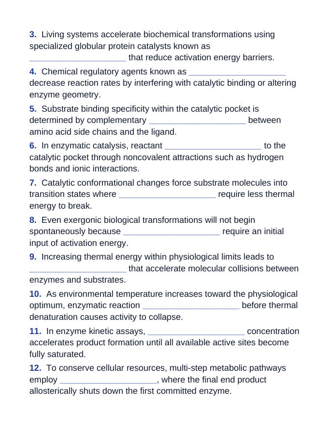 Enzymes & Biochemical Reactions Fill-in-the-Blank Vocabulary Worksheet sample page