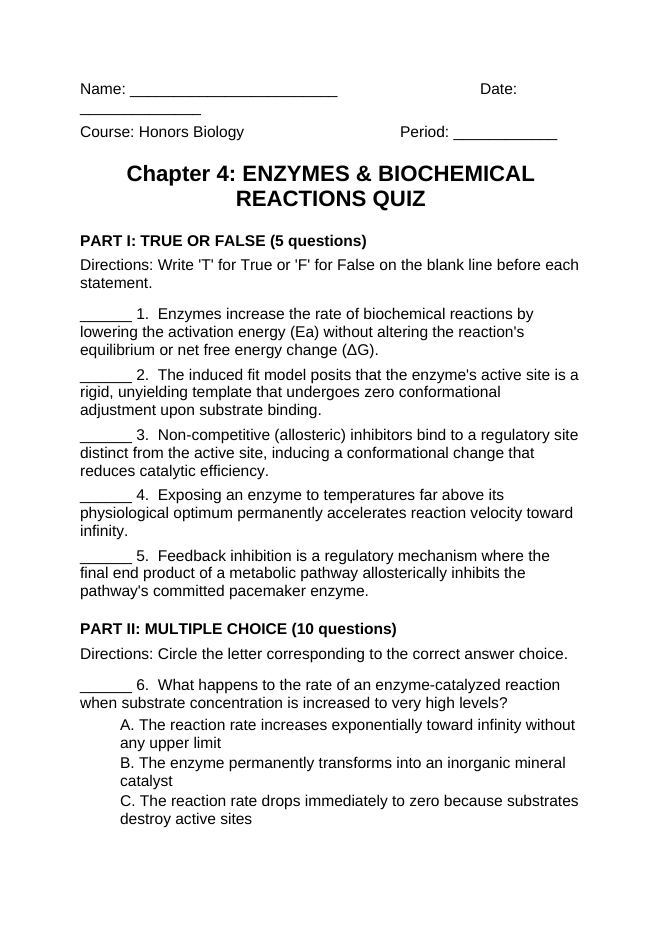 Enzymes & Biochemical Reactions Lesson Quiz sample page