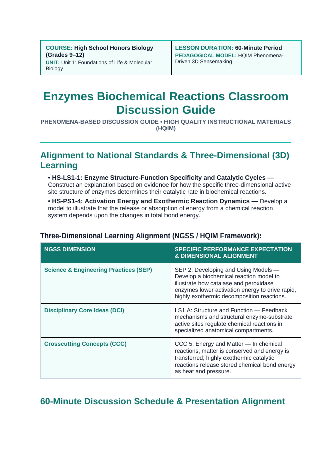 Enzymes & Biochemical Reactions Phenomena-Based Lesson: The Living Cannon: Bombardier Beetle Explosive Catalytic Jet Teacher Discussion Guide sample page