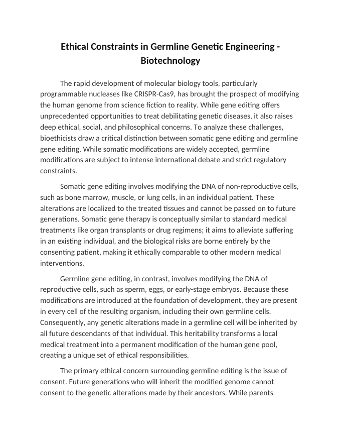 Ethical Constraints in Germline Genetic Engineering Reading Worksheet sample page