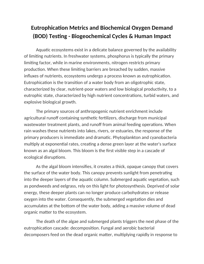 Eutrophication Metrics and Biochemical Oxygen Demand (BOD) Testing Reading Worksheet sample page