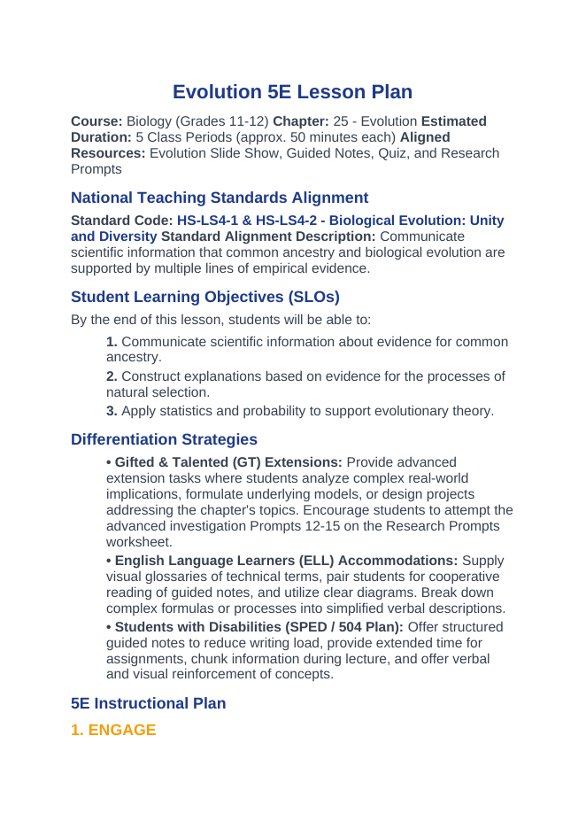 Evolutionary Development 5E Lesson Plan sample page