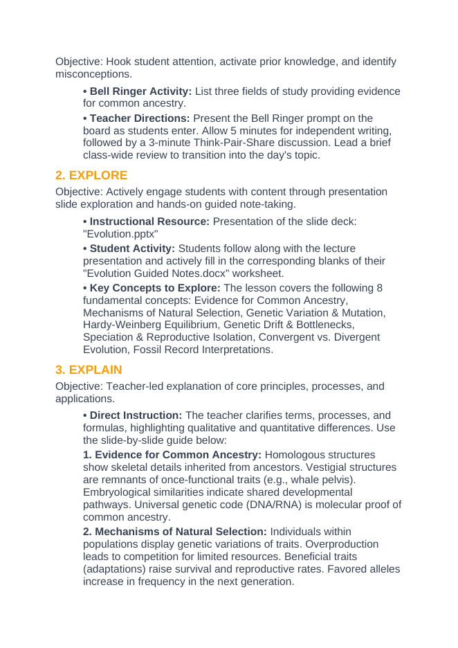 Evolutionary Development 5E Lesson Plan sample page