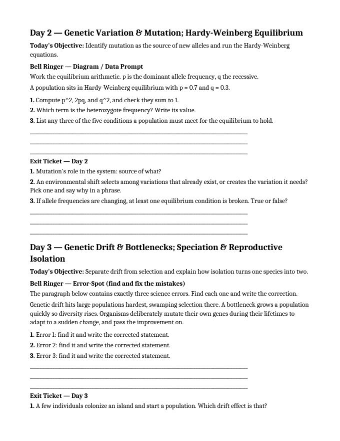 Evolutionary Development Bell Ringers & Exit Tickets sample page