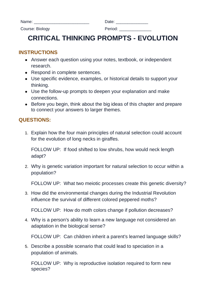 Evolutionary Development Critical Thinking Prompts sample page