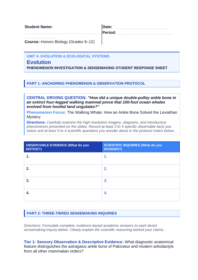Evolutionary Development Phenomena-Based Lesson: The Walking Whale: How an Ankle Bone Solved the Leviathan Mystery Student Response Sheet sample page