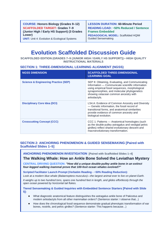 Evolutionary Development Scaffolded Phenomena-Based Lesson: The Walking Whale: How an Ankle Bone Solved the Leviathan Mystery Teacher Discussion Guide sample page