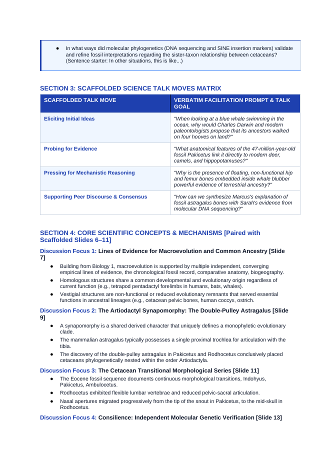 Evolutionary Development Scaffolded Phenomena-Based Lesson: The Walking Whale: How an Ankle Bone Solved the Leviathan Mystery Teacher Discussion Guide sample page