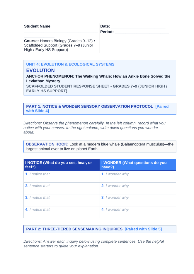 Evolutionary Development Scaffolded Phenomena-Based Lesson: The Walking Whale: How an Ankle Bone Solved the Leviathan Mystery Student Response Sheet sample page