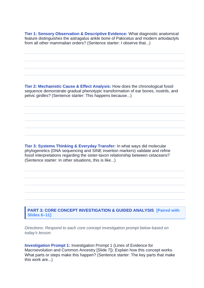 Evolutionary Development Scaffolded Phenomena-Based Lesson: The Walking Whale: How an Ankle Bone Solved the Leviathan Mystery Student Response Sheet sample page