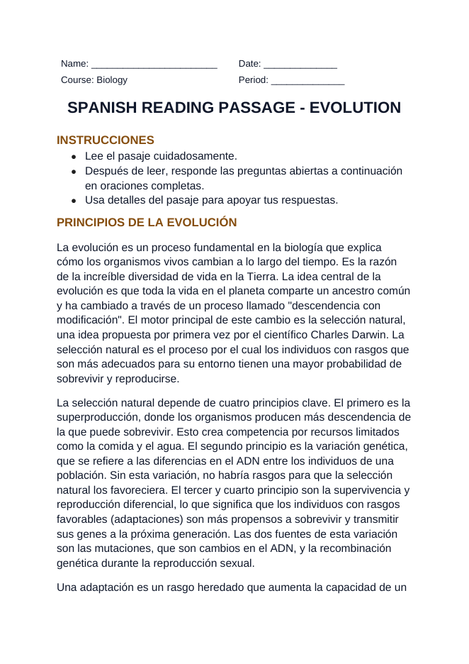 Evolutionary Development Spanish Reading Passage & Comprehension Questions sample page
