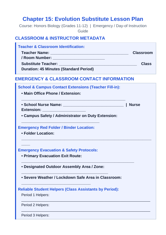 Evolutionary Development Substitute Lesson Plan sample page