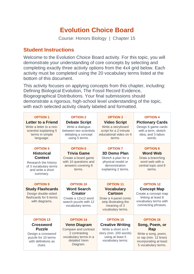 Evolutionary Development Vocabulary Choice Board sample page