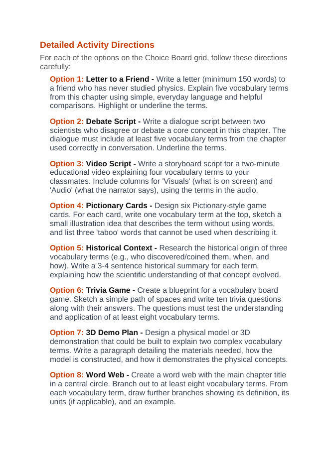 Evolutionary Development Vocabulary Choice Board sample page