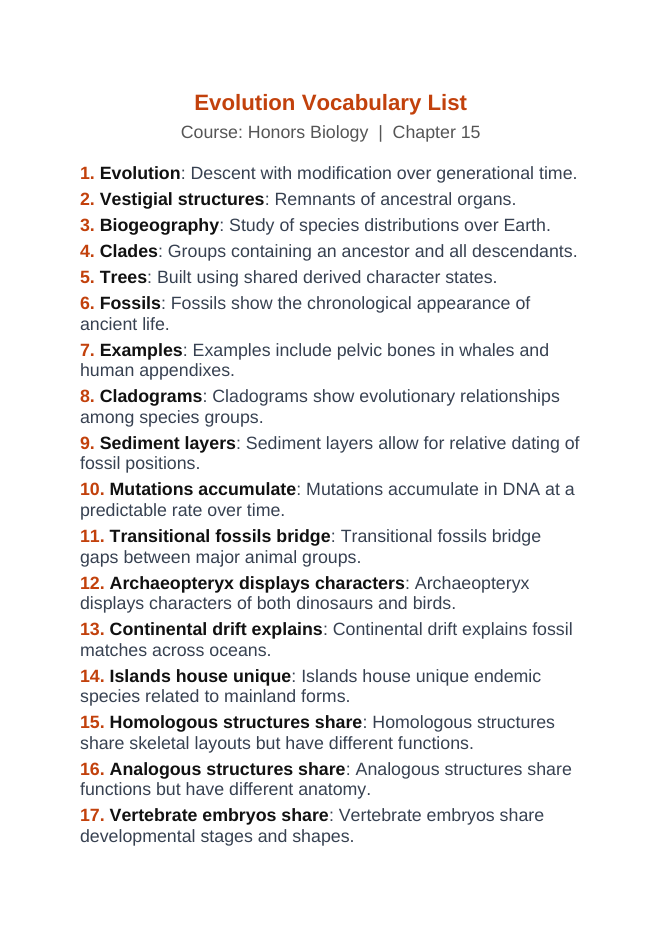 Evolutionary Development Vocabulary Words & Definitions sample page