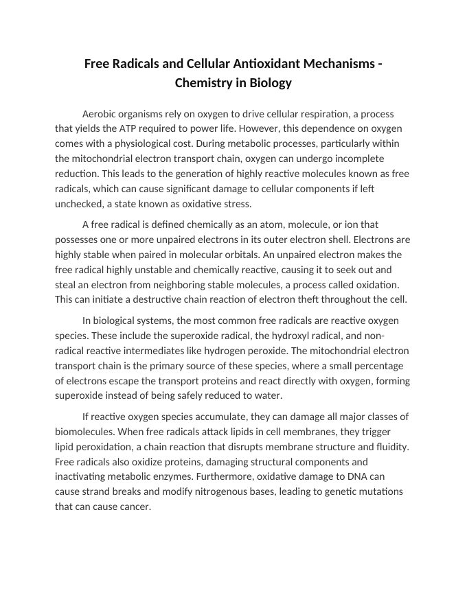 Free Radicals and Cellular Antioxidant Mechanisms Reading Worksheet sample page