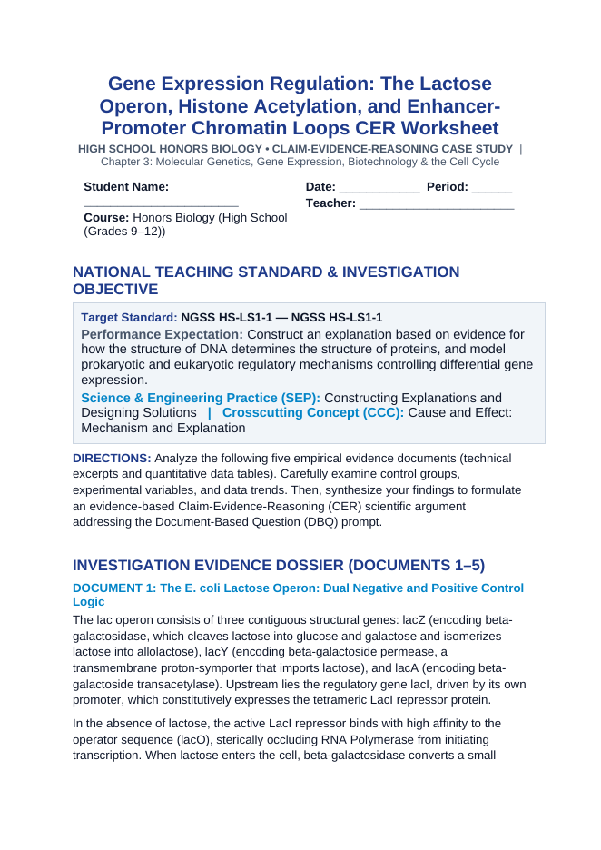 Gene Expression Regulation: The Lactose Operon, Histone Acetylation, and Enhancer-Promoter Chromatin Loops CER Phenomena Worksheet sample page