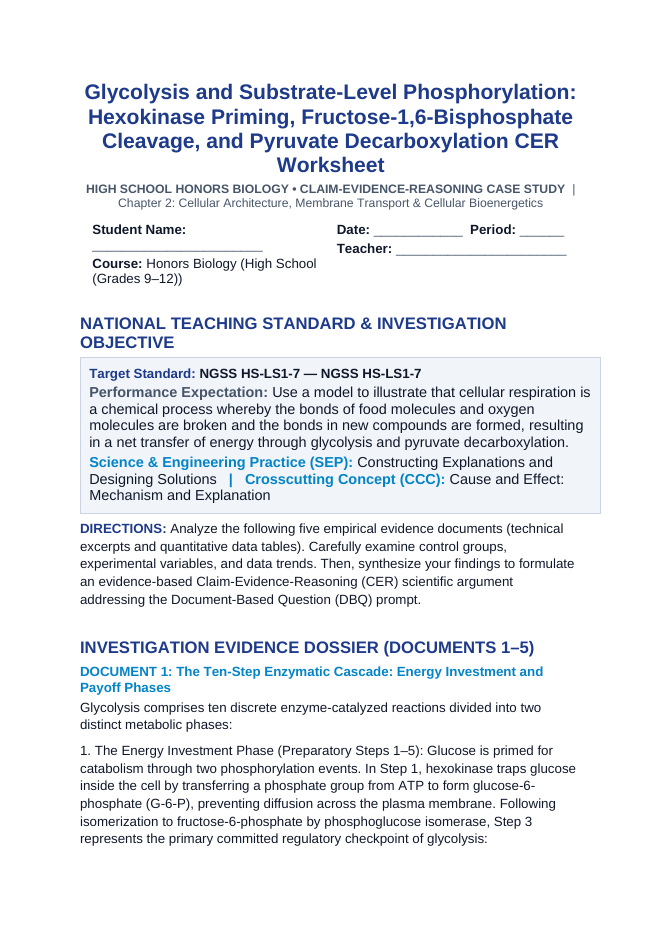Glycolysis and Substrate-Level Phosphorylation: Hexokinase Priming, Fructose-1,6-Bisphosphate Cleavage, and Pyruvate Decarboxylation CER Phenomena Worksheet sample page