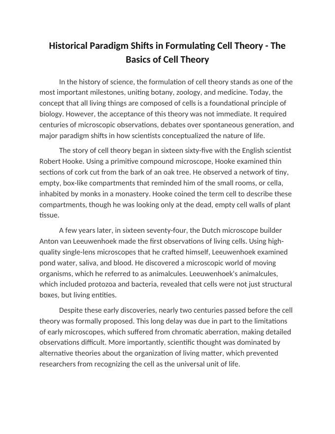 Historical Paradigm Shifts in Formulating Cell Theory Reading Worksheet sample page
