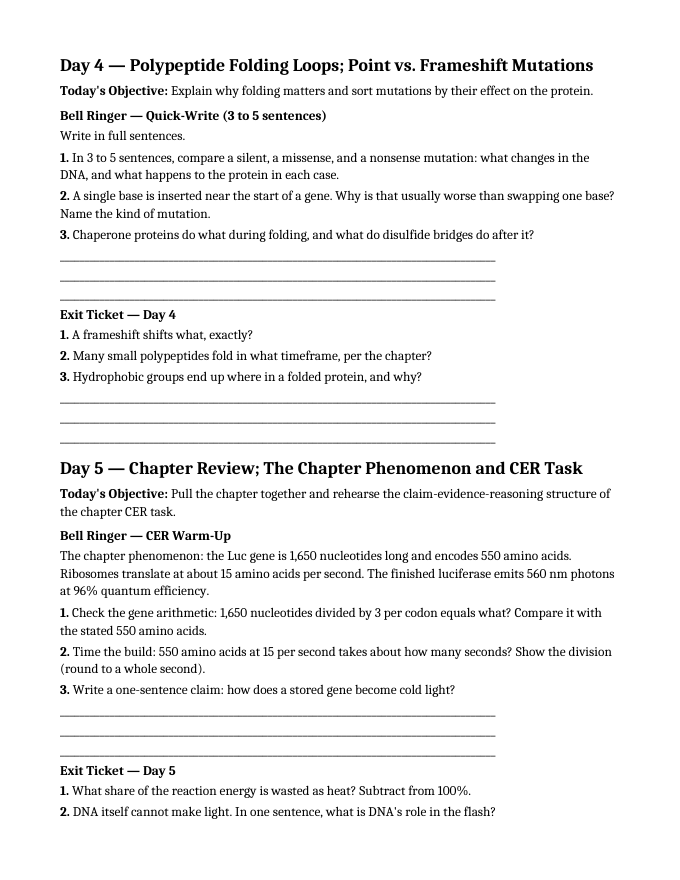How Cells Make Proteins Bell Ringers & Exit Tickets sample page