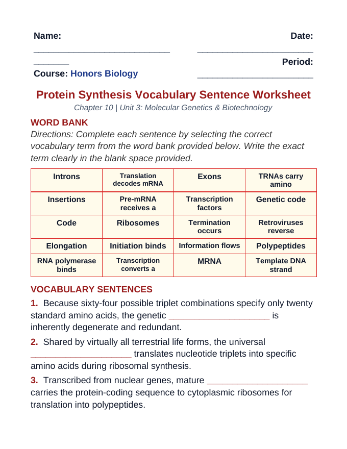 How Cells Make Proteins Fill-in-the-Blank Vocabulary Worksheet sample page
