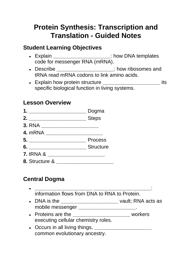 How Cells Make Proteins Guided Notes sample page