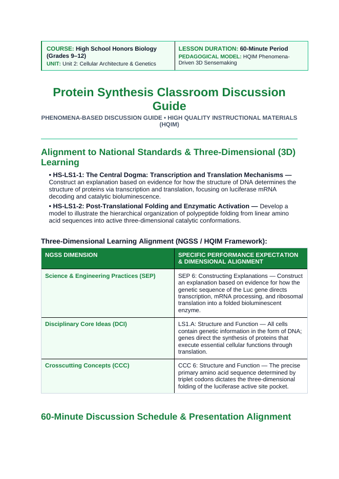 How Cells Make Proteins Phenomena-Based Lesson: Cold Light from the Code: Translating the Firefly's Bioluminescent Flash Teacher Discussion Guide sample page