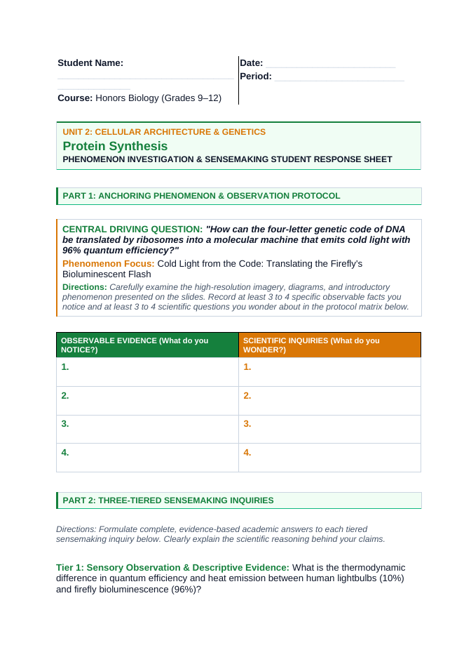 How Cells Make Proteins Phenomena-Based Lesson: Cold Light from the Code: Translating the Firefly's Bioluminescent Flash Student Response Sheet sample page
